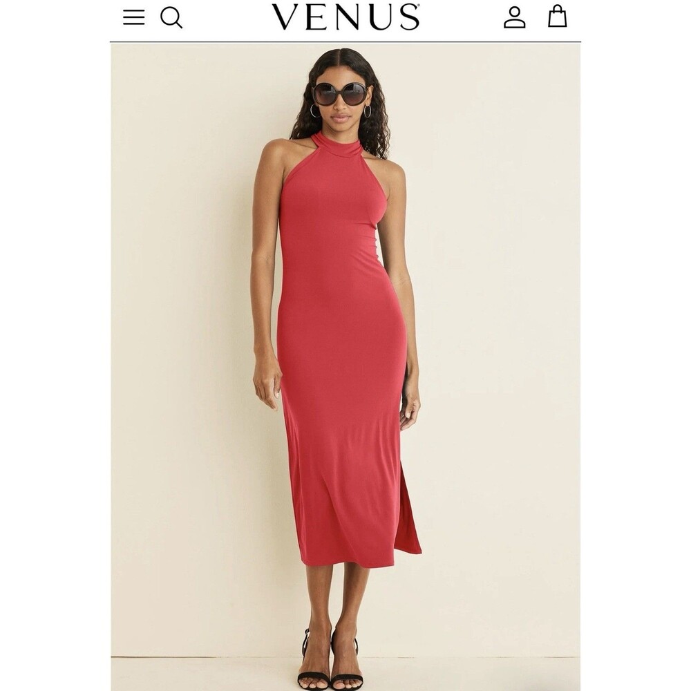 Venus,  Sleeveless High Neck Midi Dress/Coral, Flirty Slit In Side Size L